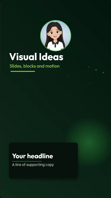 A portrait Visual Ideas slide with a circular presenter avatar above a headline card.