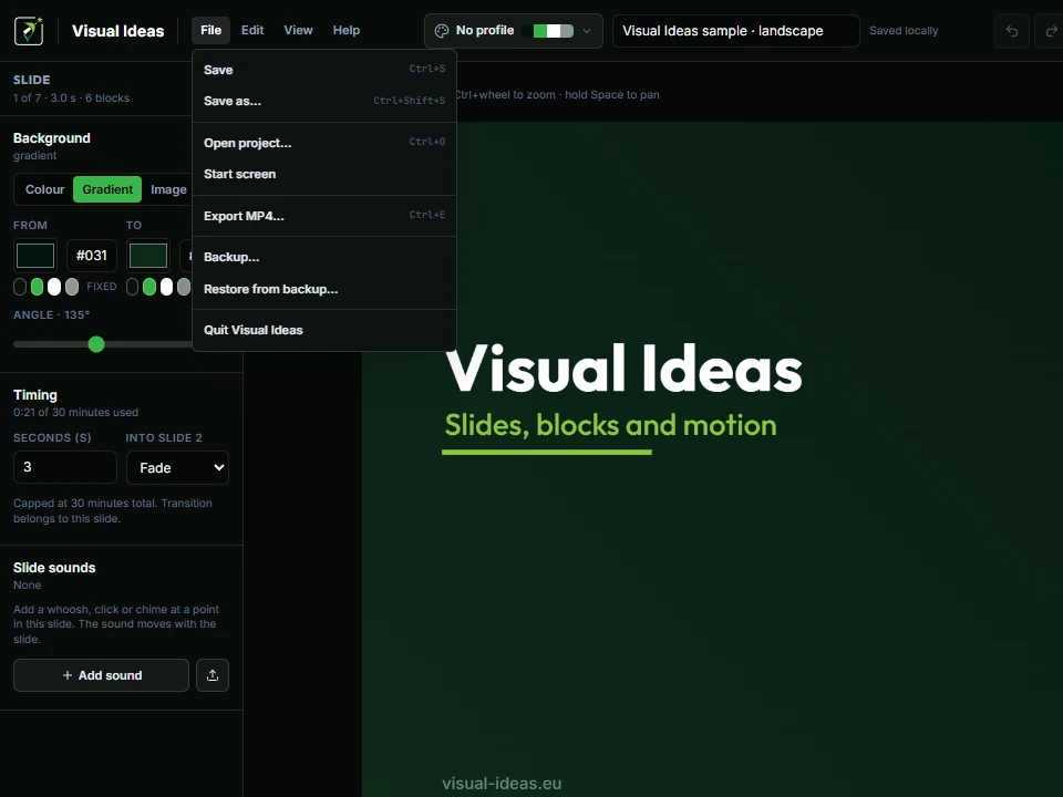 The Visual Ideas File menu with local save, backup and restore commands.