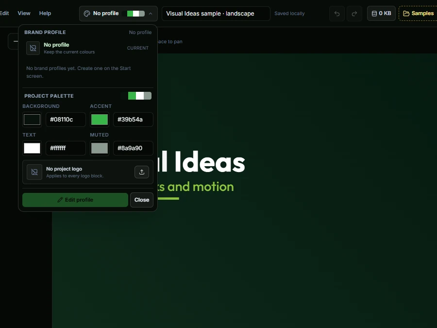 The Visual Ideas palette menu with background, accent, text, muted colour and logo controls next to the slide canvas.