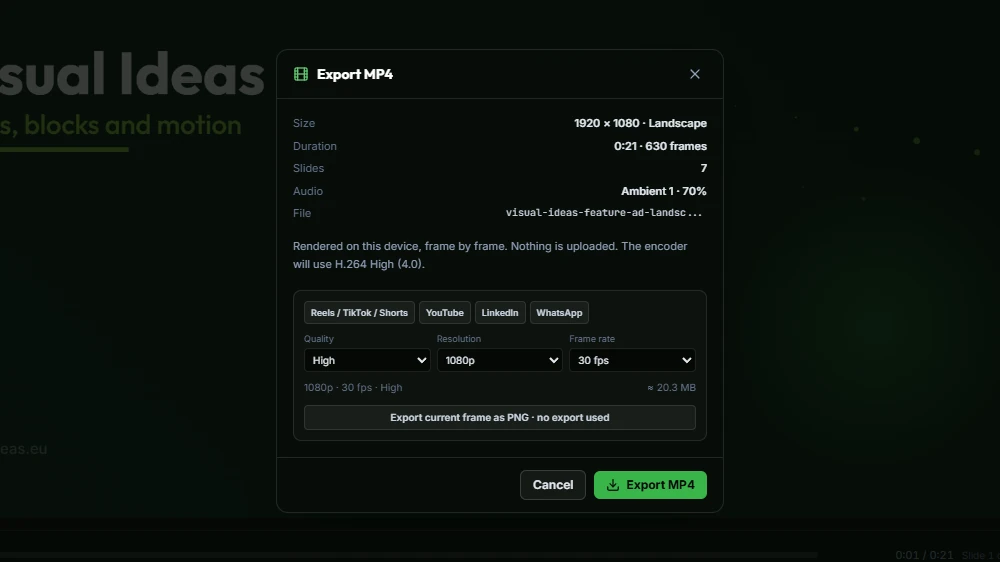 The Export MP4 dialog showing landscape size, duration, audio, output file and social platform presets.