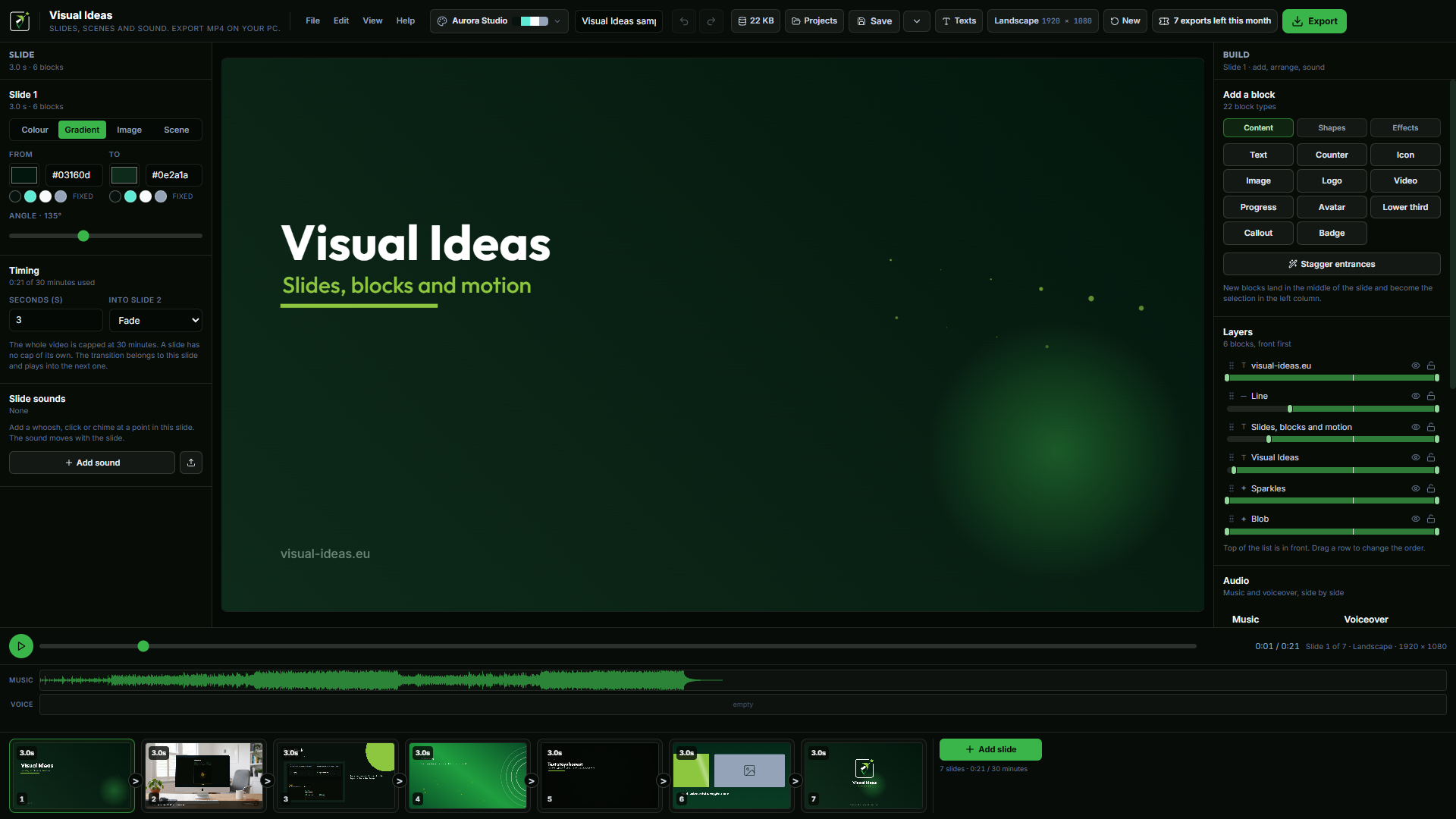 The Visual Ideas editor: the slide list on the left, a title slide on the stage and the block library on the right